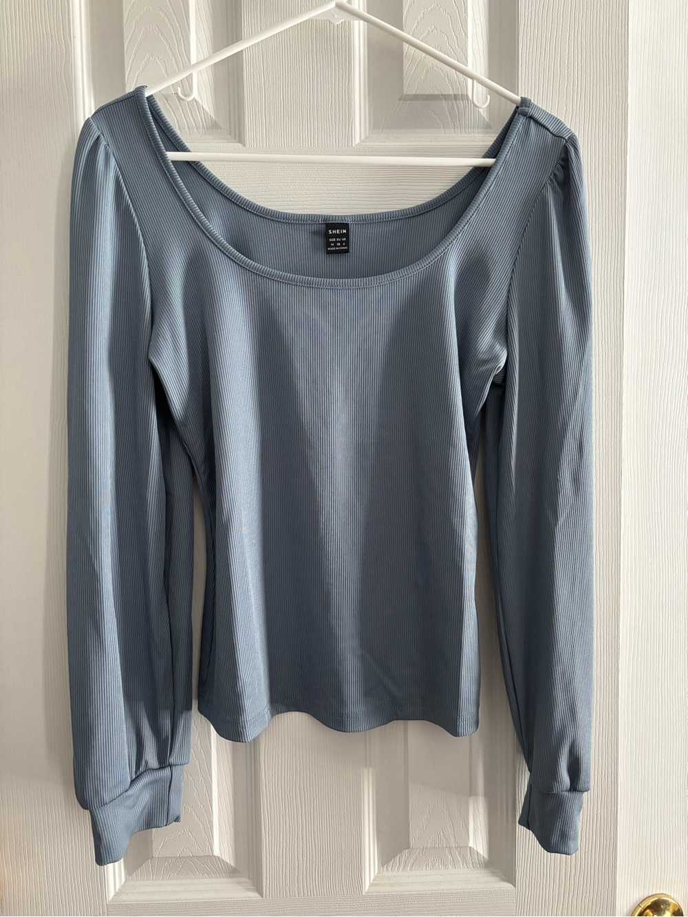 SHEIN Dusty Blue Ribbed Scoop Neck Long Sleeve Top